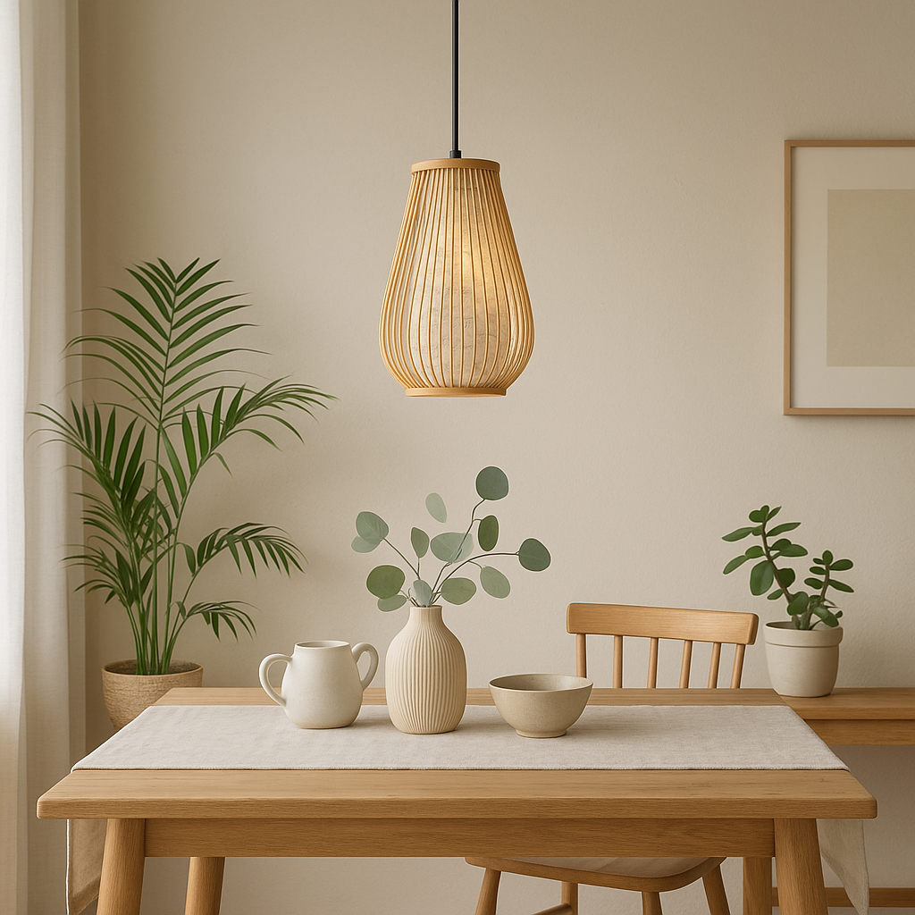 Bamboo Pendant Light with Porcelain Pattern – Japandi Elegance