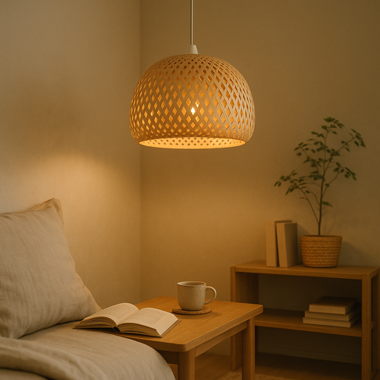 Japandi Bamboo Dome Pendant – Soft Light, Clean Finish