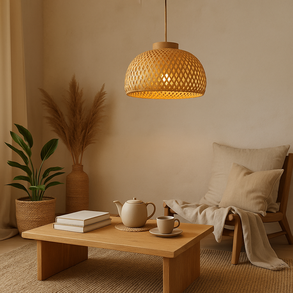 Japandi Bamboo Dome Pendant – Soft Light, Clean Finish