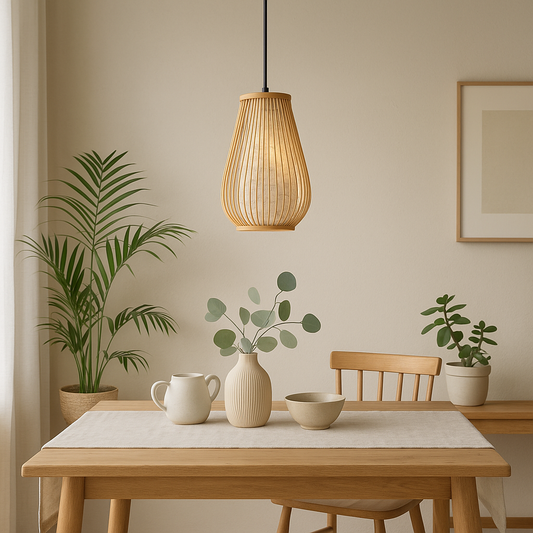 Bamboo Pendant Light with Porcelain Pattern – Japandi Elegance