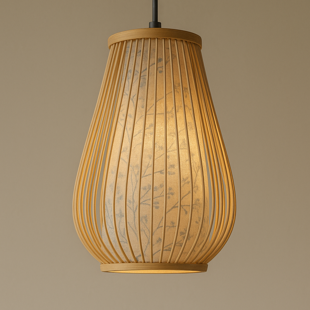 Bamboo Pendant Light with Porcelain Pattern – Japandi Elegance