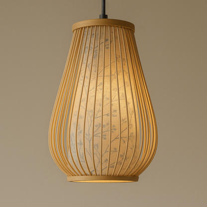 Bamboo Pendant Light with Porcelain Pattern – Japandi Elegance