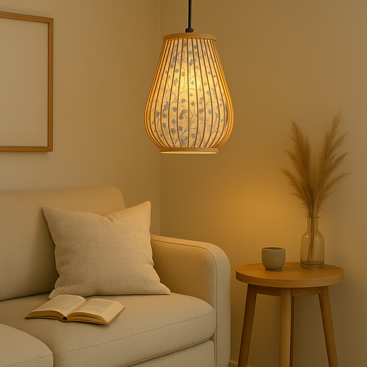 Bamboo Pendant Light with Porcelain Pattern – Japandi Elegance