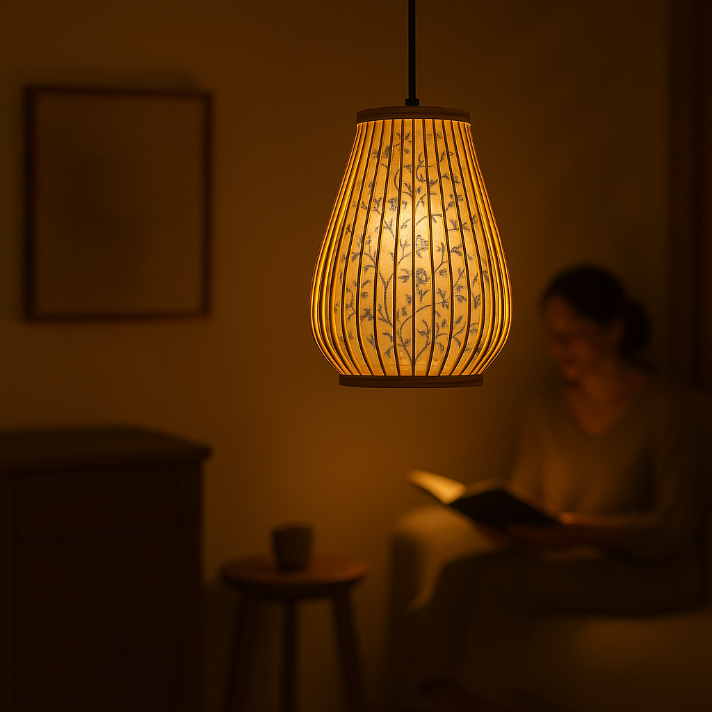 Bamboo Pendant Light with Porcelain Pattern – Japandi Elegance