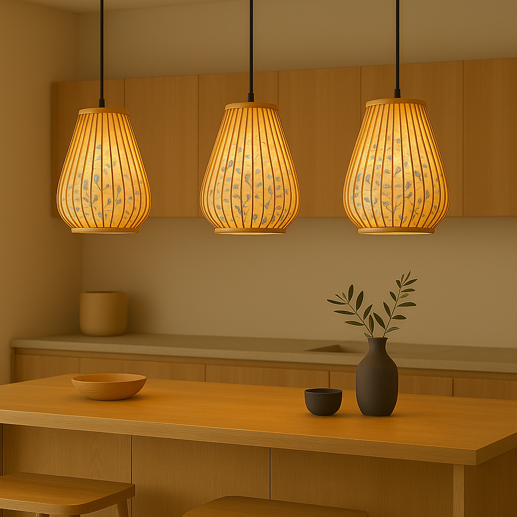 Bamboo Pendant Light with Porcelain Pattern – Japandi Elegance