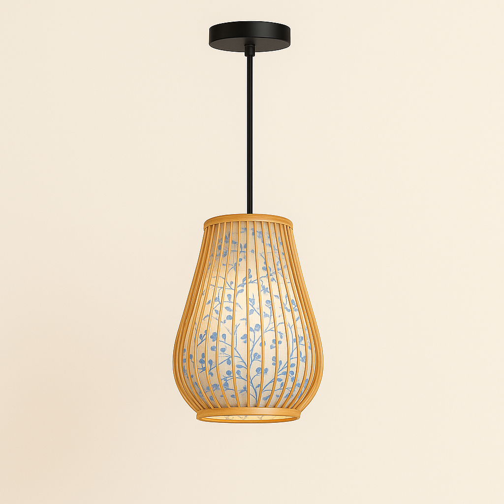 Bamboo Pendant Light with Porcelain Pattern – Japandi Elegance